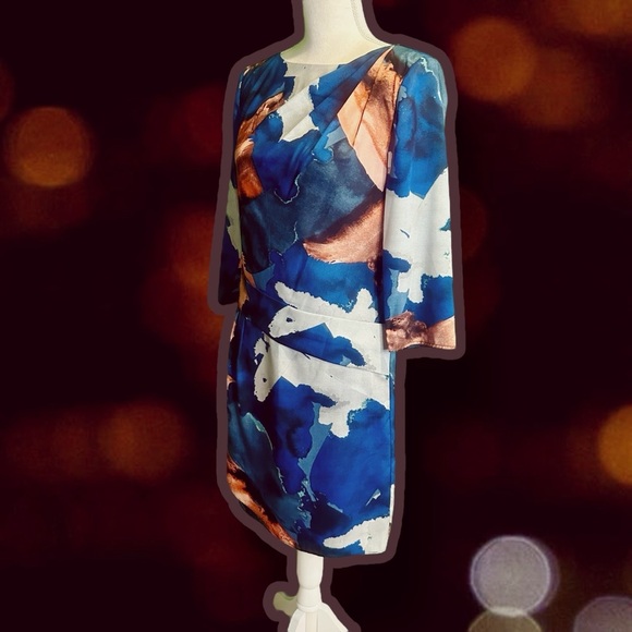 NWOT Vince Camuto Blue & Copper Abstract Watercolor Print Pleated Shift Dress 8 - Picture 4 of 15
